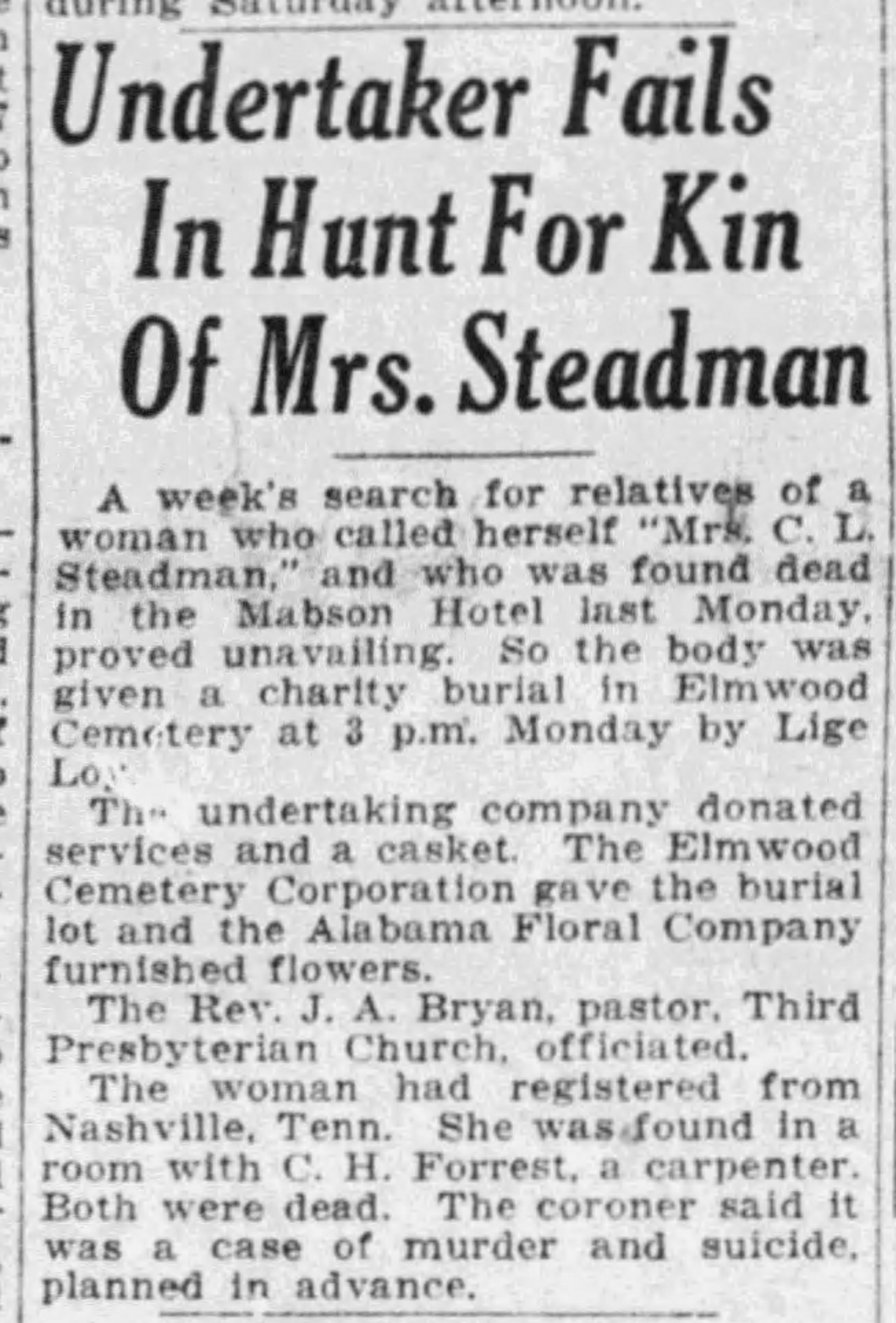 Undertaker In Hunt for Kin of Mrs. Steadman